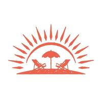 Two chaise lounge and umbrella on beach at burning red sun arch with beams grunge texture vector