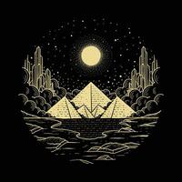 Mystical Pyramid Scene with the Moon Above at Night in Hand Drawn Engraving and Pointillism Style vector