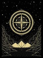 Mystical Compass Journey to Another Dimension in Hand Drawn Engraving and Pointillism Style vector