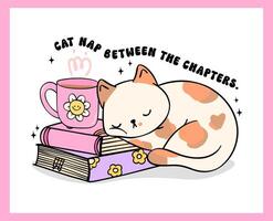 Cozy Retro Groovy Cat Art featuring a cat sleeping with books, vibrant and bold cartoon doodle drawing. vector