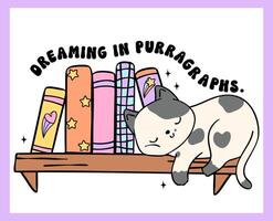 Cozy Book Vibe Retro Groovy Cat sleeping on bookshelf, vibrant and bold cartoon doodle drawing. vector