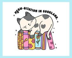 Cozy Book Vibe Retro Groovy Cat sleeping on stack books, vibrant and bold cartoon doodle drawing. vector