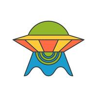 Abstract multicolored flying saucer UFO pop art groovy style t shirt print design cartoon vector