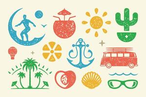 Summer symbols and objects set illustration. Bright sun on tropical island with palm trees and umbrella vector