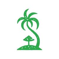 Curved natural palm tree with sun umbrella on wild island at ocean monochrome grunge texture vector