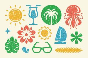 Summer symbols and objects set illustration. Tropical sun with palm tree and blossoming flower vector