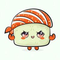 Cute funny Sushi strong. Hand drawn cartoon kawaii character illustration icon. Isolated on light green background. Sushi shows muscles character concept vector