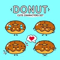 Funny cute happy chocolate Donut characters bundle set. Hand drawn doodle style cartoon character illustration. Isolated on blue background. Donut mascot character collection vector