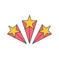 Three yellow five pointed shining stars galaxy glow achievement composition pop art groovy vector