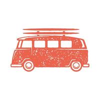 Hand drawn surfer bus with surfboards side view red grunge texture illustration vector