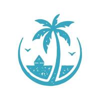 Blue hand drawn summer vacation circle emblem with palm tree, beach, sailboat and seagulls vector