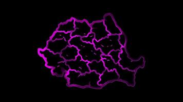 Neon frame effect map of Romania, glow, black background. video