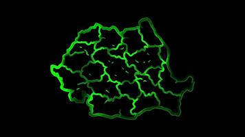 Neon frame effect map of Romania, glow, black background. video