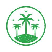 Uninhabited sea island with palm trees jungle and flying seagulls green circle logo grunge texture vector