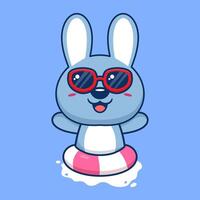 cute rabbit in sunglasses floating with swimming. flat cartoon style vector