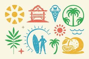 Summer symbols and objects set illustration. Orange with slice and palm grove vector