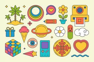 Collection groovy elements island palm trees, rainbow circle, psychedelic pile stickers vector