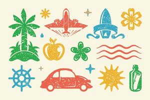 Summer symbols and objects set illustration. Passenger car with ships steering wheel and ripe apple vector
