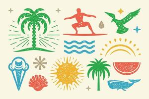 Summer symbols and objects set illustration. Cold ice cream cone with watermelon wedge vector