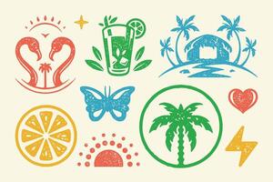 Summer symbols and objects set illustration. Glass of lemonade with beautiful butterfly vector