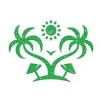 Romantic tropical island landscape with curved palm tree, seagull, sunbathing umbrella and sun vector