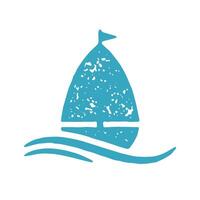 Cute sail boat floating surrounded by sea wave open water surface blue hand drawn grunge texture vector