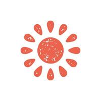 Red burning sun with curved drop shape rays heat warm summer temperature hand drawn grunge texture vector