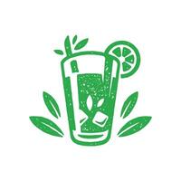 Refreshing summer cocktail in transparent glass with straw, lime slice ice cubes grunge texture vector