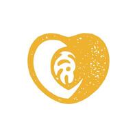 Hand drawn peach half with seed bone in heart shape yellow decorative design grunge texture vector