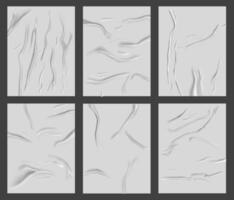 Glued paper poster. Realistic wet wrinkled paper surface, crumpled wrinkles texture paper sheets. Wrinkled glued blank posters background set vector