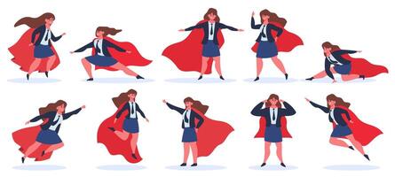 Businesswoman superhero. Female superhero character in superhero action poses in red cloak. Super hero powerful lady illustration set vector