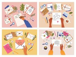 Hands with postcards and letters. Envelopes, postcards and letters top view, girls write, send and read letter. Mail sending hand-drawn illustration set vector