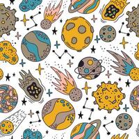 Space planets pattern. Cute hand drawn planets and stars seamless pattern. Cosmic elements background illustration vector