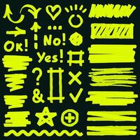 Highlight marker elements. Yellow marker lines, arrows, check marks and dashed lines. Marker curved lines illustration set vector