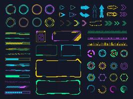 Interface hud elements. Digital holographic hud bars and frames, user screen menu elements. Futuristic hologram panels illustration set vector
