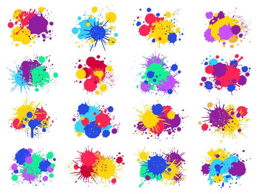 Color paint splashes. Abstract bright ink blots and splashes, painted liquid drops and splatters. Colorful ink drop traces illustration set