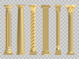 Ancient columns. Realistic golden greek ancient column, classic historic columns. Antique architectural gold pillars illustration set vector