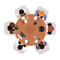 Business meeting top view. Office workers brainstorming or meeting at round table isolated illustration. Teamwork concept view from above vector