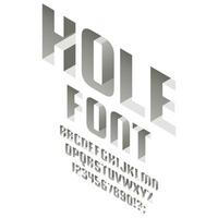 Isometric hole alphabet. Deep into surface 3d font, letters and numbers. Typography latin abc lettering symbols set vector