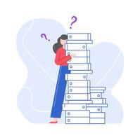 Puzzled and pensive woman with stack of folders vector