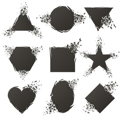 Explosion frames. Abstract destruction shapes, shattered texture texture banners. Broken exploded geometric figures illustration set