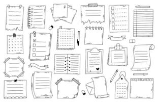 Hand drawn doodle paper notes. Sketch notebook, list, planner and diary, bullet journal paper sheets. Doodle notes illustration set vector