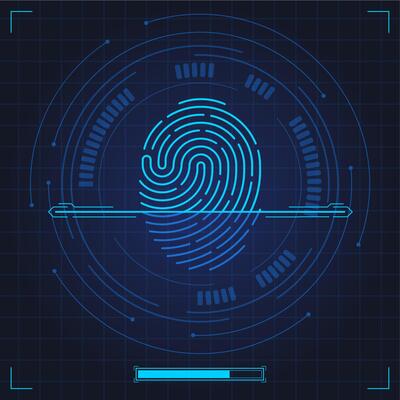Fingerprint scan. Biometric fingerprints identification, security system thumb lines authentication. Digital fingerprint scan illustration set