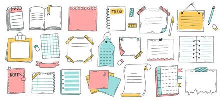 Doodle paper sheet. Hand drawn sketch notebook, bullet journal sheets, sticky note and notepad page. Sketch doodle sheets illustration set vector