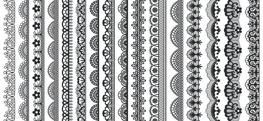 Lace pattern elements. Vintage seamless figured lace borders, beautiful wedding lace decoration. Black lace borders illustration set