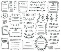 Bullet journal elements. Hand drawn doodle notebook bullets, notebook, schedule calendar. Doodle bullet journal paper frames illustration set vector