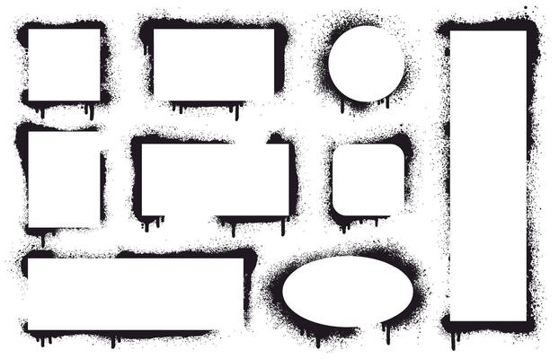 Spray paint frames. Grunge sprayed texture painted borders, abstract paint splatter geometric shapes illustration set. Paint splash banners