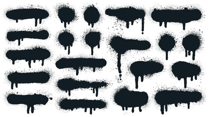 Spray paint shapes. Sprayed grunge dripping dots and borders, abstract graffiti spraying textured shapes illustration set. Paint splatter symbols