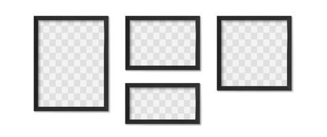 Black photo frames. Blank modern simple image square borders with shadow for gallery. Isolated art framing design realistic 3D mockups vector