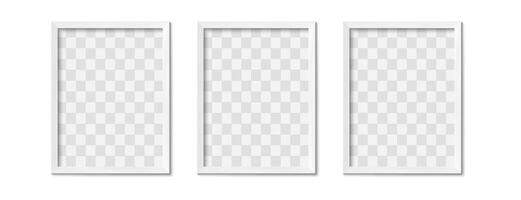 White photo frames. Empty gray simple image square border with shadow on gallery wall. Isolated picture framing design realistic 3D mockup vector